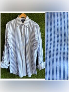 Paul Fredrick Blue Striped Long Sleeve Button Up Shirt French Cuffs